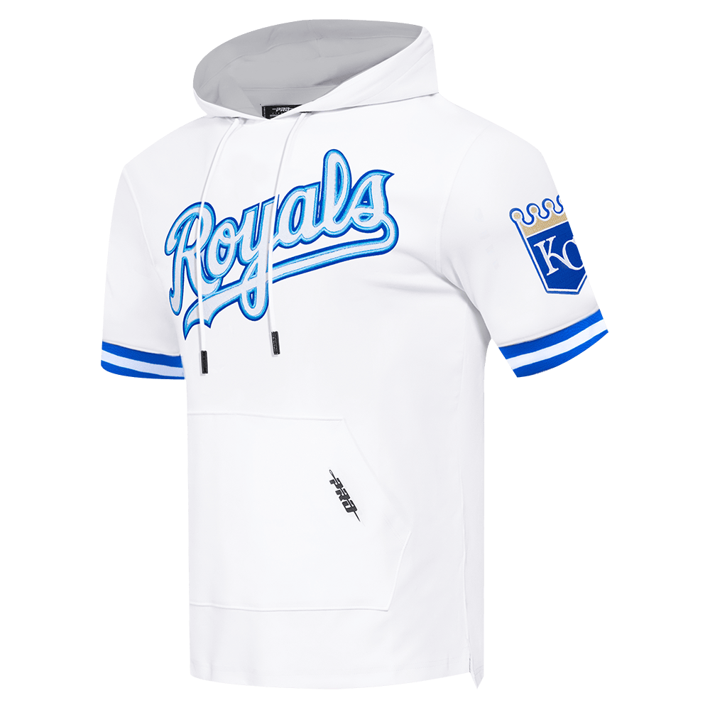 MLB KANSAS CITY ROYALS CLASSIC CHENILLE MEN'S DOUBLE KNIT SHORT SLEEVE PULLOVER HOODIE (WHITE/ROYAL BLUE)