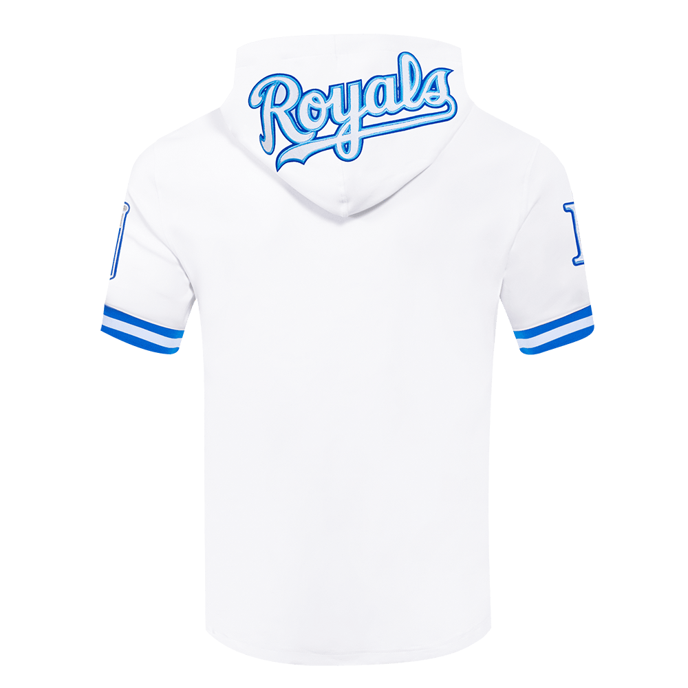 MLB KANSAS CITY ROYALS CLASSIC CHENILLE MEN'S DOUBLE KNIT SHORT SLEEVE PULLOVER HOODIE (WHITE/ROYAL BLUE)