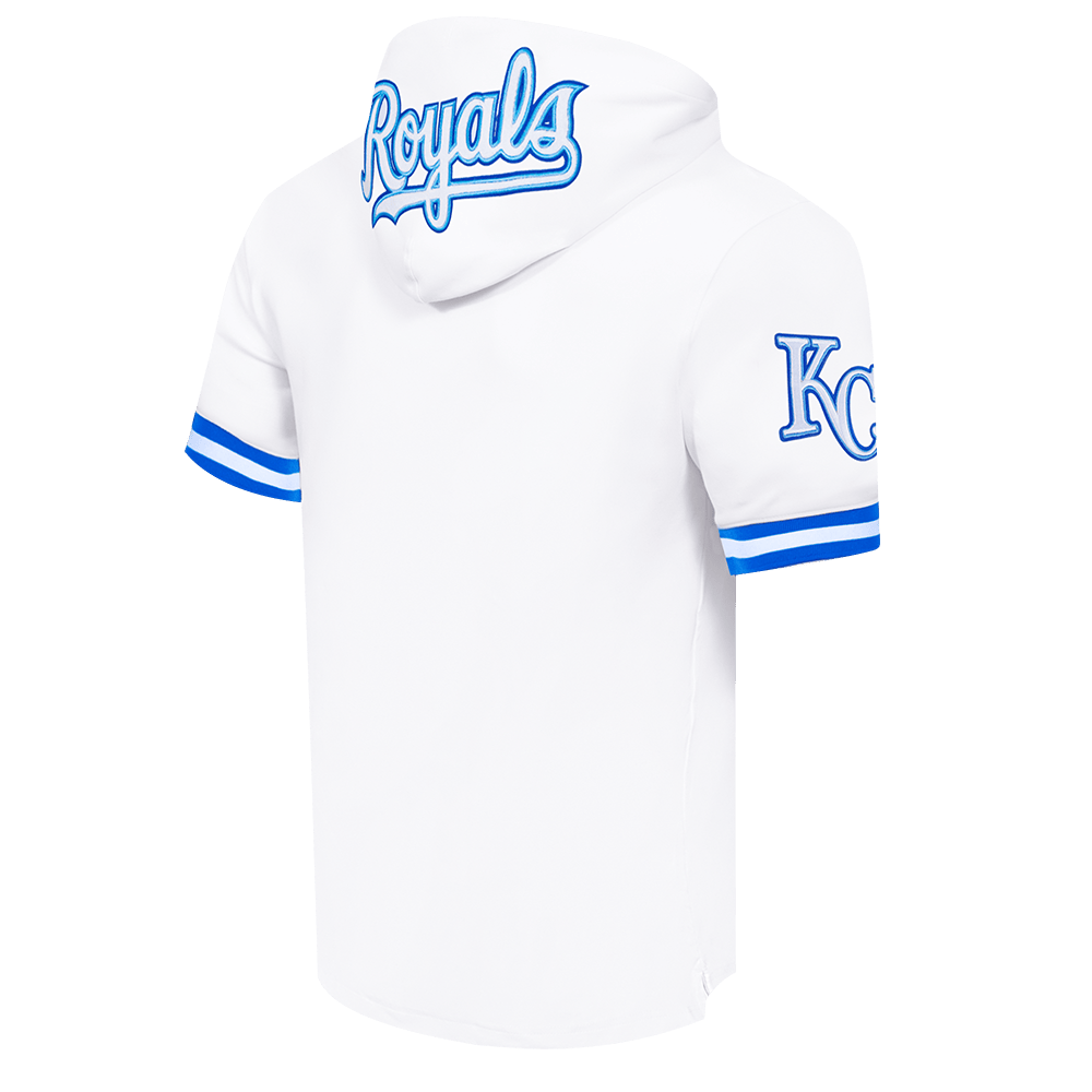 MLB KANSAS CITY ROYALS CLASSIC CHENILLE MEN'S DOUBLE KNIT SHORT SLEEVE PULLOVER HOODIE (WHITE/ROYAL BLUE)
