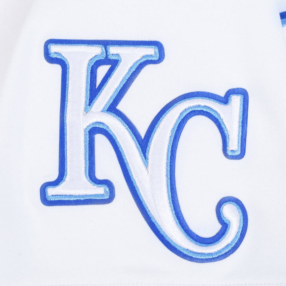 MLB KANSAS CITY ROYALS CLASSIC CHENILLE MEN'S DOUBLE KNIT SHORT SLEEVE PULLOVER HOODIE (WHITE/ROYAL BLUE)
