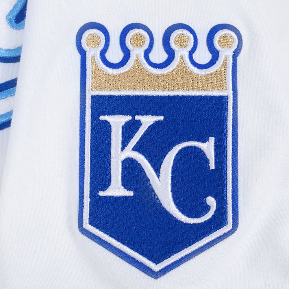MLB KANSAS CITY ROYALS CLASSIC CHENILLE MEN'S DOUBLE KNIT SHORT SLEEVE PULLOVER HOODIE (WHITE/ROYAL BLUE)