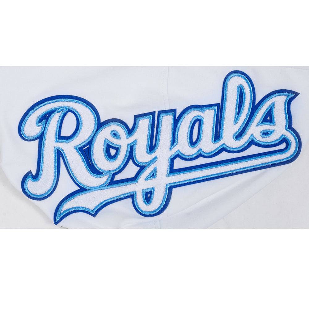 MLB KANSAS CITY ROYALS CLASSIC CHENILLE MEN'S DOUBLE KNIT SHORT SLEEVE PULLOVER HOODIE (WHITE/ROYAL BLUE)