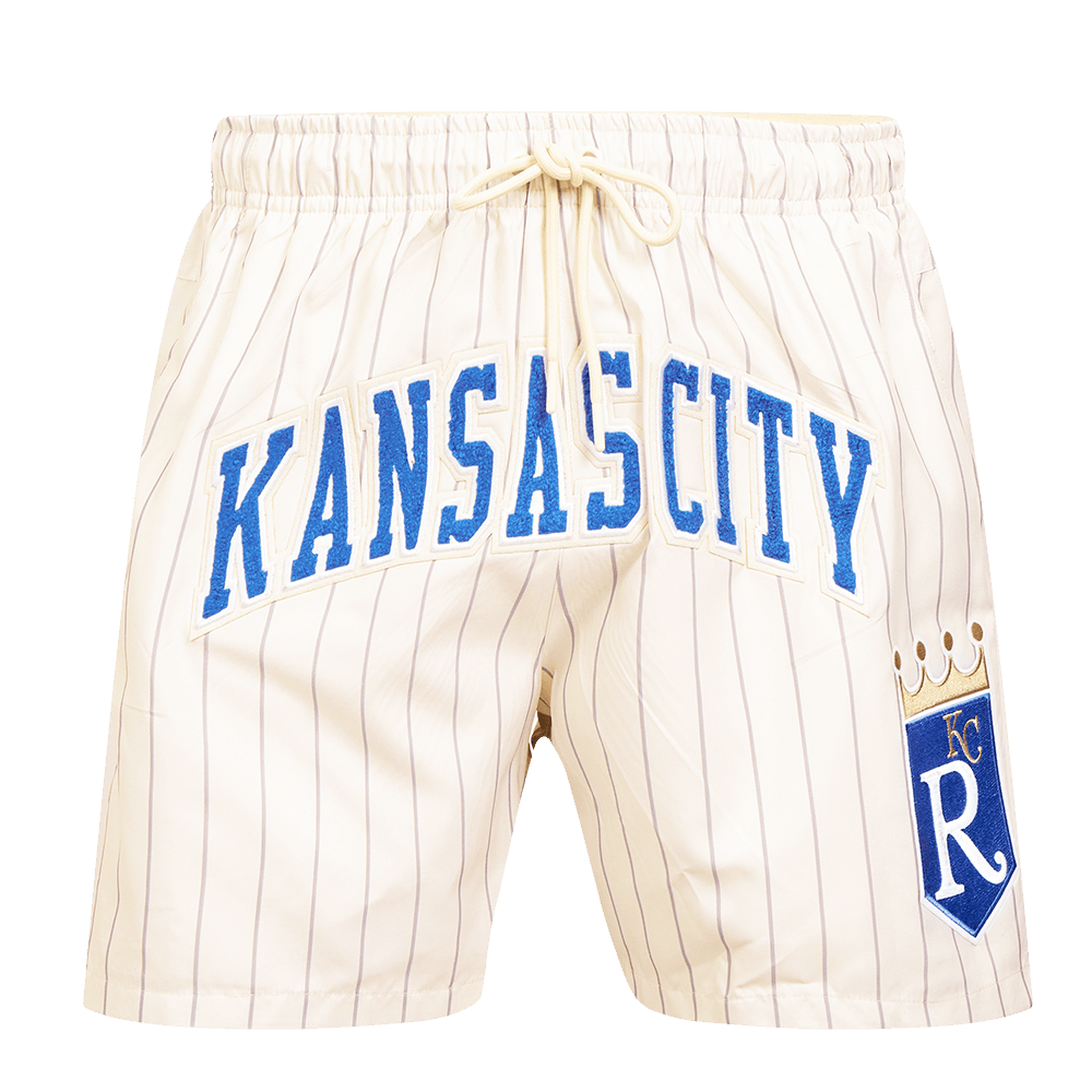 PANTALÓN CORTO TEJIDO CLÁSICO RETRO MLB KANSAS CITY ROYALS CON RAYAS FINAS PARA HOMBRE (BLANCO HUEVO/ GRIS)