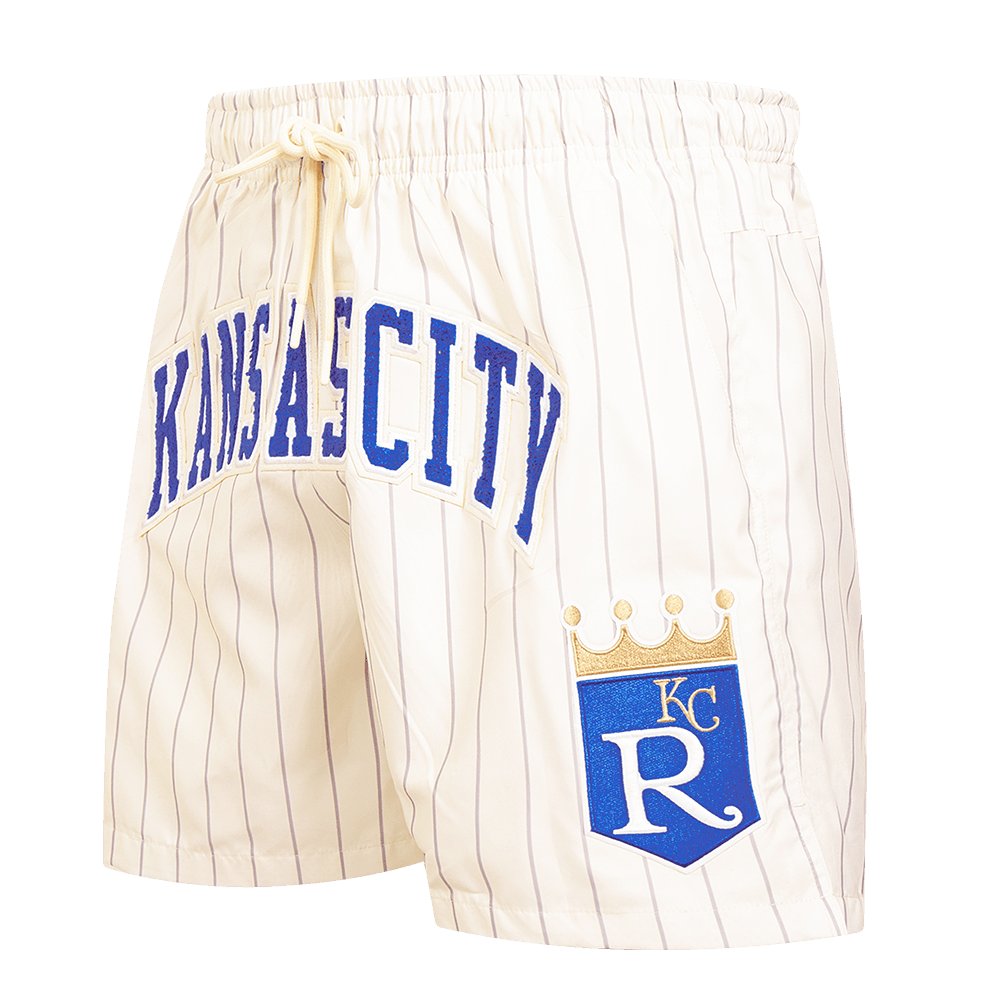 PANTALÓN CORTO TEJIDO CLÁSICO RETRO MLB KANSAS CITY ROYALS CON RAYAS FINAS PARA HOMBRE (BLANCO HUEVO/ GRIS)