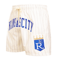 PANTALÓN CORTO TEJIDO CLÁSICO RETRO MLB KANSAS CITY ROYALS CON RAYAS FINAS PARA HOMBRE (BLANCO HUEVO/ GRIS)