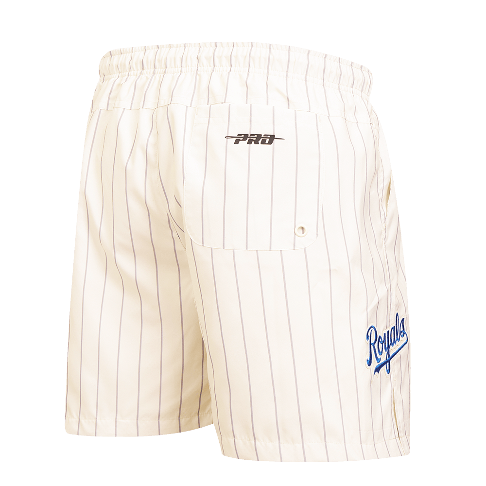 PANTALÓN CORTO TEJIDO CLÁSICO RETRO MLB KANSAS CITY ROYALS CON RAYAS FINAS PARA HOMBRE (BLANCO HUEVO/ GRIS)