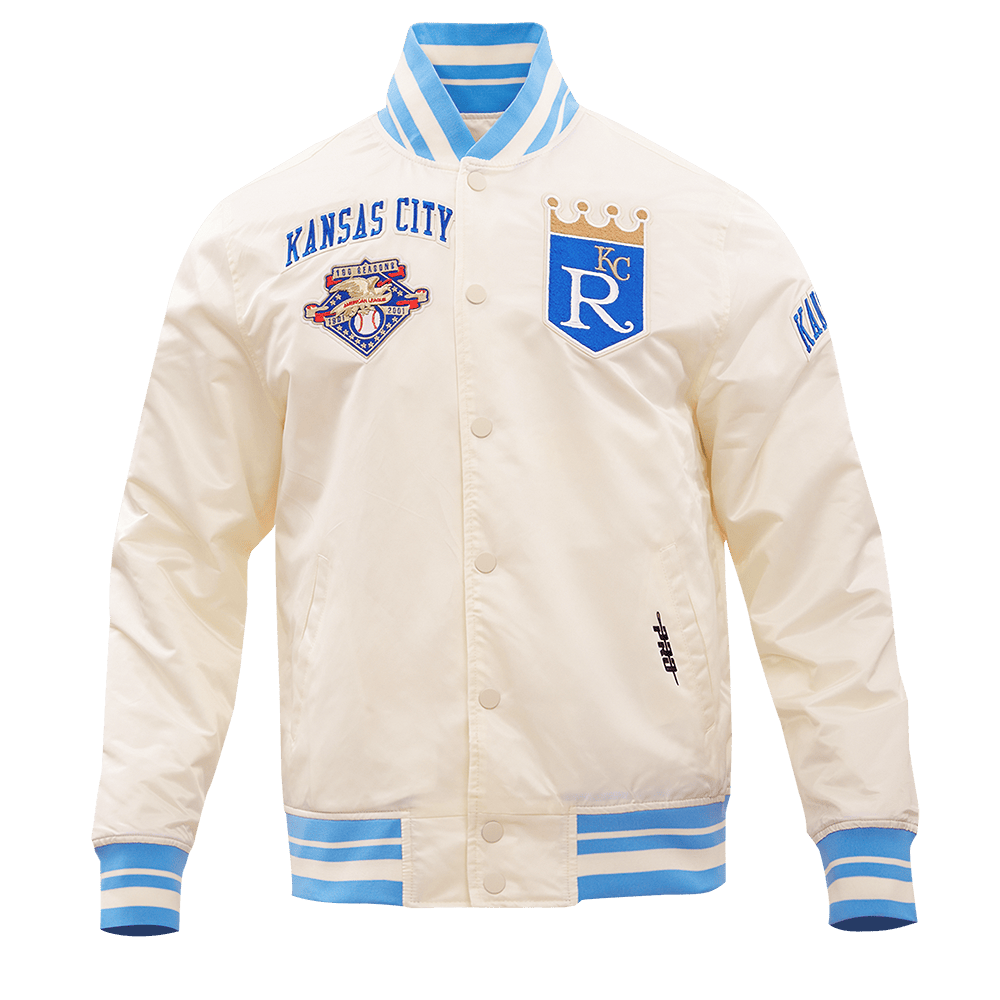 MLB KANSAS CITY ROYALS RETRO CLASSIC MEN'S RIB SATIN JACKET (EGGSHELL/ UNIVERSITY BLUE)