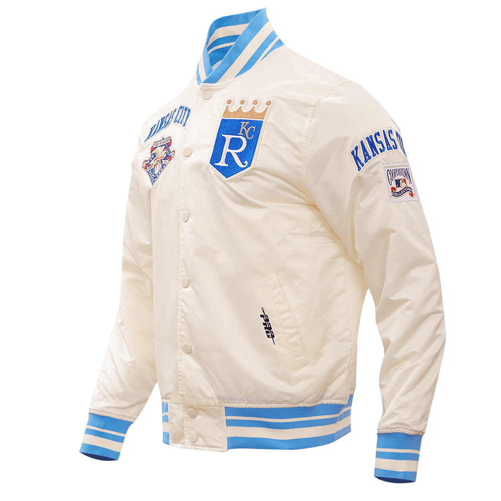 MLB KANSAS CITY ROYALS RETRO CLASSIC MEN'S RIB SATIN JACKET (EGGSHELL/ UNIVERSITY BLUE)