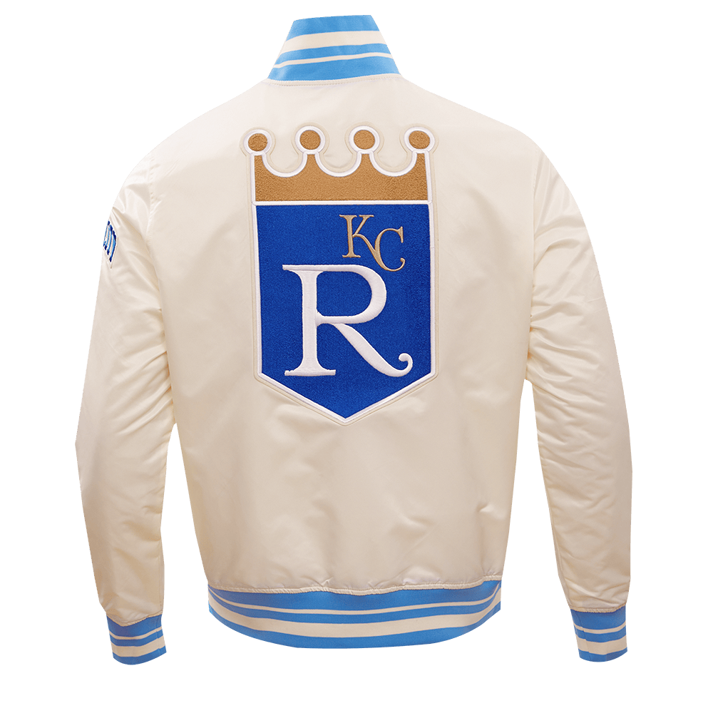 MLB KANSAS CITY ROYALS RETRO CLASSIC MEN'S RIB SATIN JACKET (EGGSHELL/ UNIVERSITY BLUE)