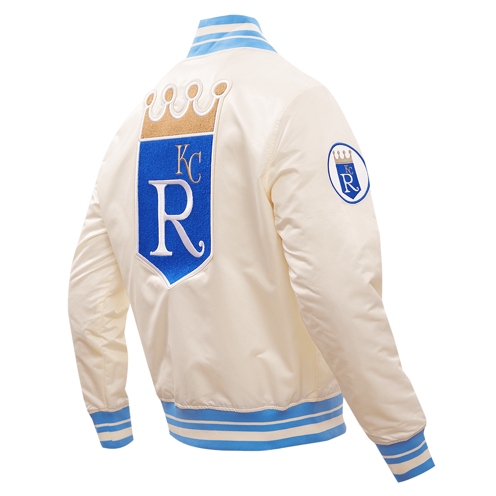 MLB KANSAS CITY ROYALS RETRO CLASSIC MEN'S RIB SATIN JACKET (EGGSHELL/ UNIVERSITY BLUE)