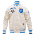MLB KANSAS CITY ROYALS RETRO CLASSIC MEN'S RIB SATIN JACKET (EGGSHELL/ UNIVERSITY BLUE)