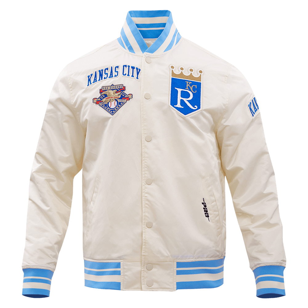 MLB KANSAS CITY ROYALS RETRO CLASSIC MEN'S RIB SATIN JACKET (EGGSHELL/ UNIVERSITY BLUE)