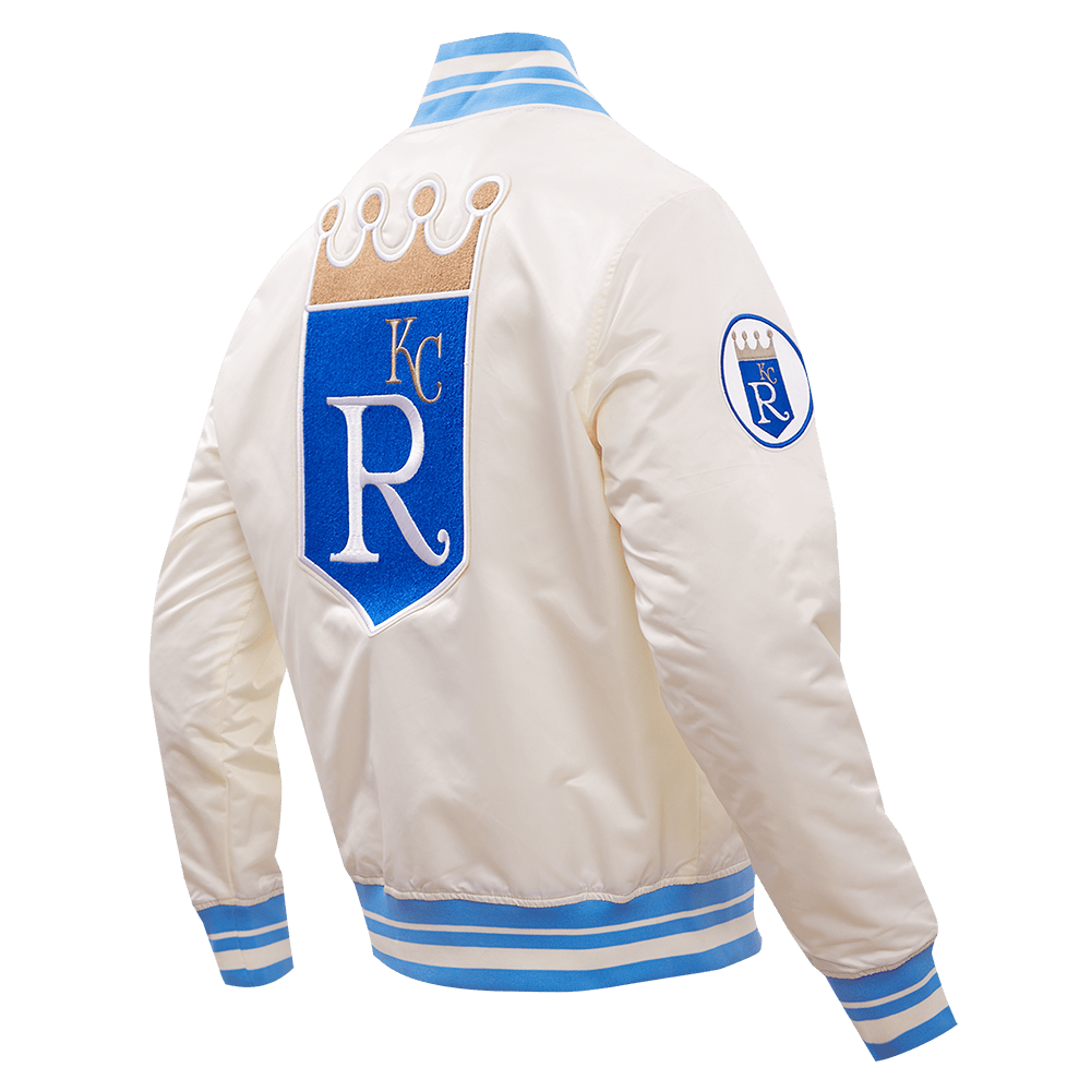 MLB KANSAS CITY ROYALS RETRO CLASSIC MEN'S RIB SATIN JACKET (EGGSHELL/ UNIVERSITY BLUE)
