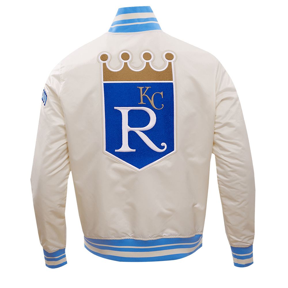 MLB KANSAS CITY ROYALS RETRO CLASSIC MEN'S RIB SATIN JACKET (EGGSHELL/ UNIVERSITY BLUE)