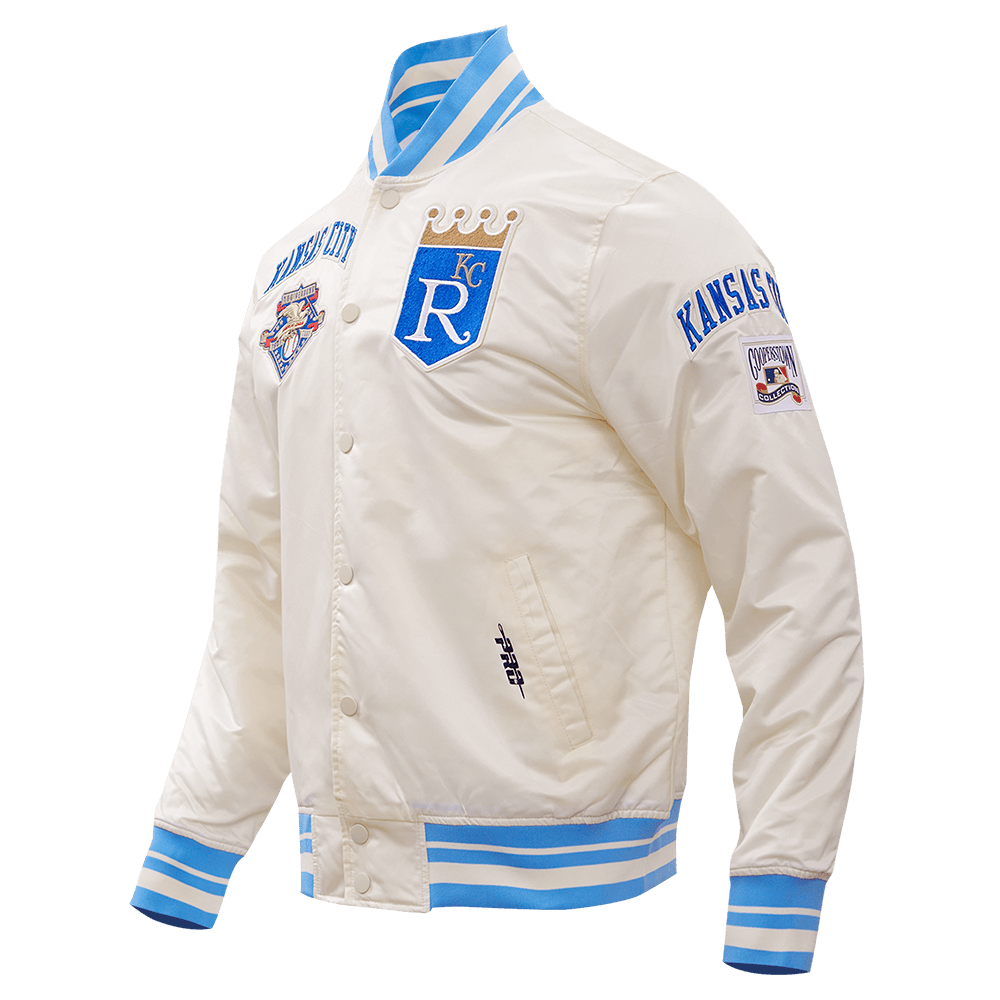 MLB KANSAS CITY ROYALS RETRO CLASSIC MEN'S RIB SATIN JACKET (EGGSHELL/ UNIVERSITY BLUE)