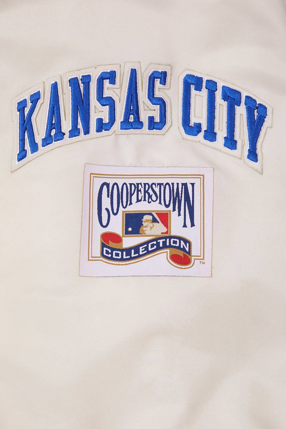 MLB KANSAS CITY ROYALS RETRO CLASSIC MEN'S RIB SATIN JACKET (EGGSHELL/ UNIVERSITY BLUE)