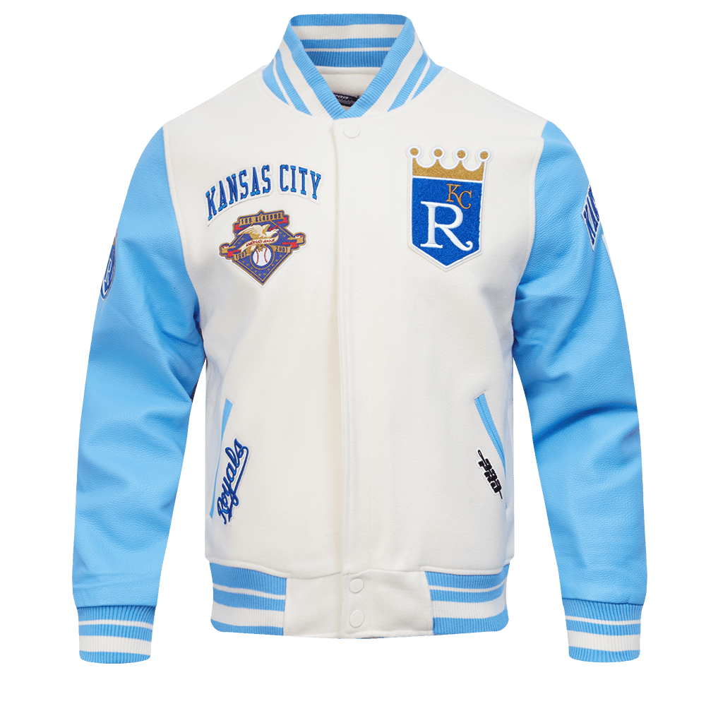MLB KANSAS CITY ROYALS RETRO CLASSIC MEN'S RIB WOOL VARSITY JACKET (EGGSHELL/ UNIVERSITY BLUE)