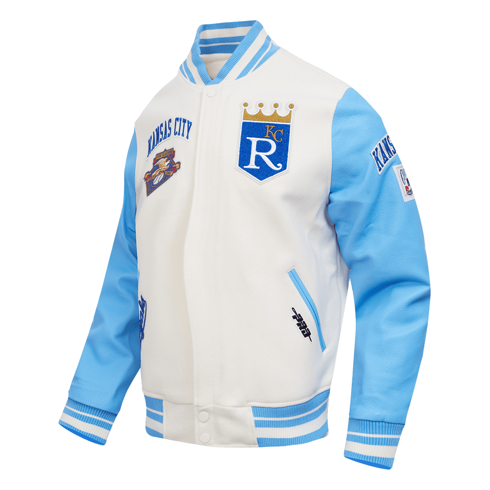 MLB KANSAS CITY ROYALS RETRO CLASSIC MEN'S RIB WOOL VARSITY JACKET (EGGSHELL/ UNIVERSITY BLUE)