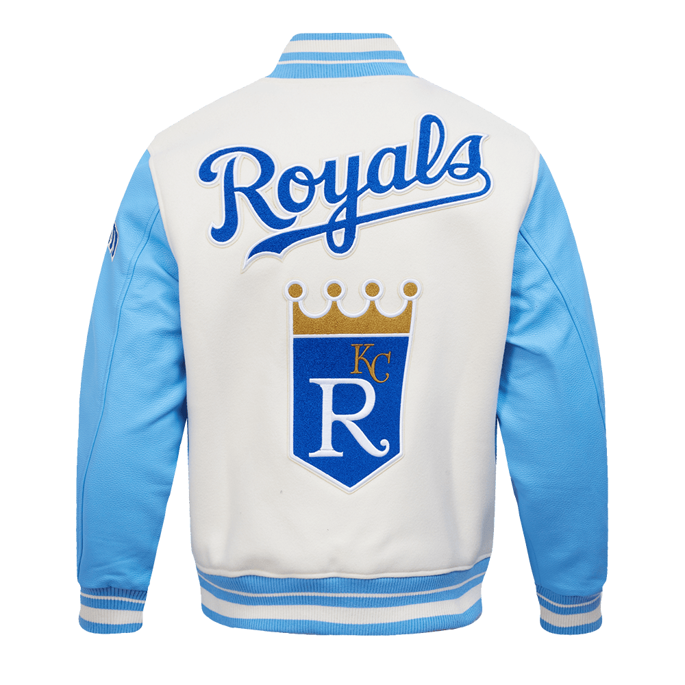 MLB KANSAS CITY ROYALS RETRO CLASSIC MEN'S RIB WOOL VARSITY JACKET (EGGSHELL/ UNIVERSITY BLUE)
