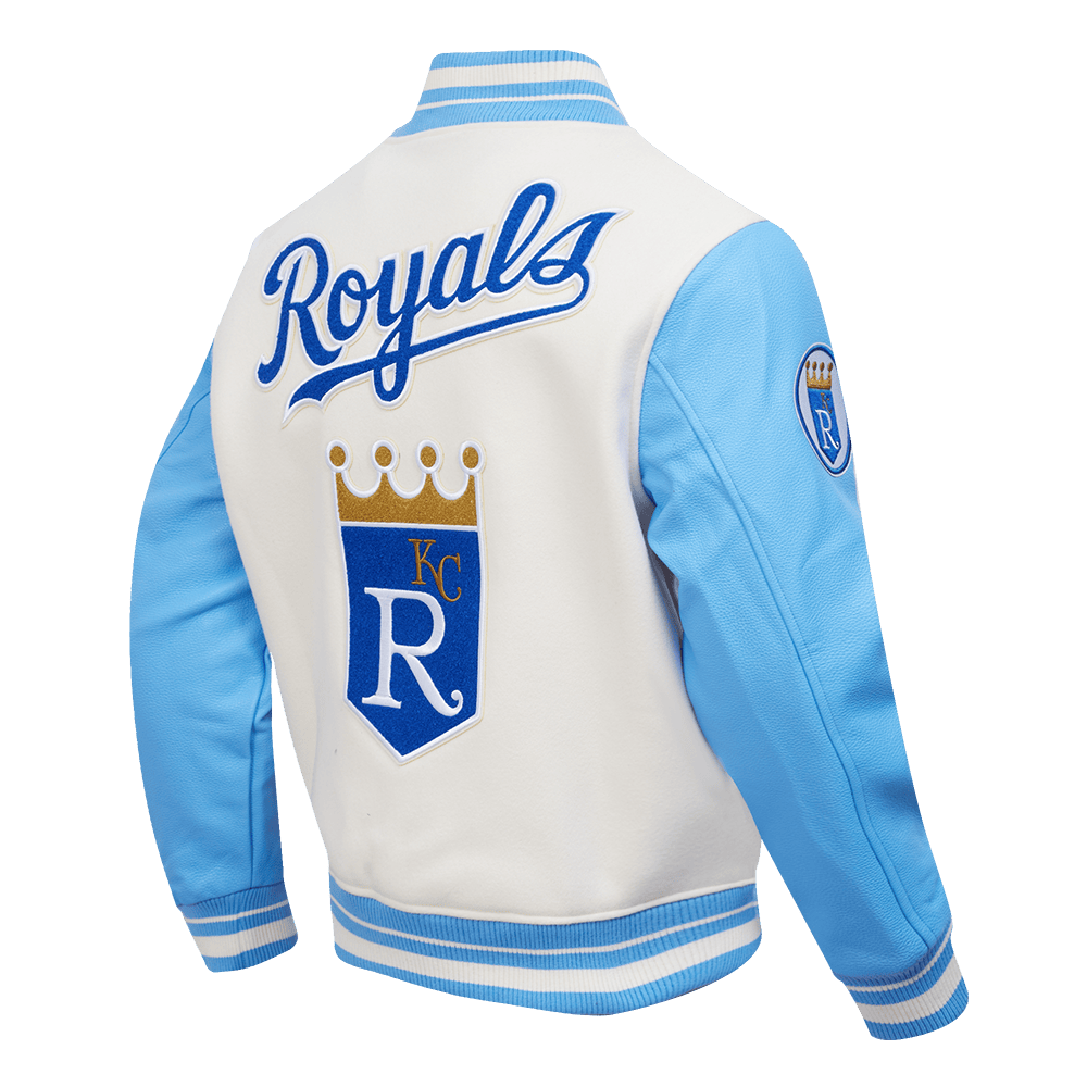MLB KANSAS CITY ROYALS RETRO CLASSIC MEN'S RIB WOOL VARSITY JACKET (EGGSHELL/ UNIVERSITY BLUE)