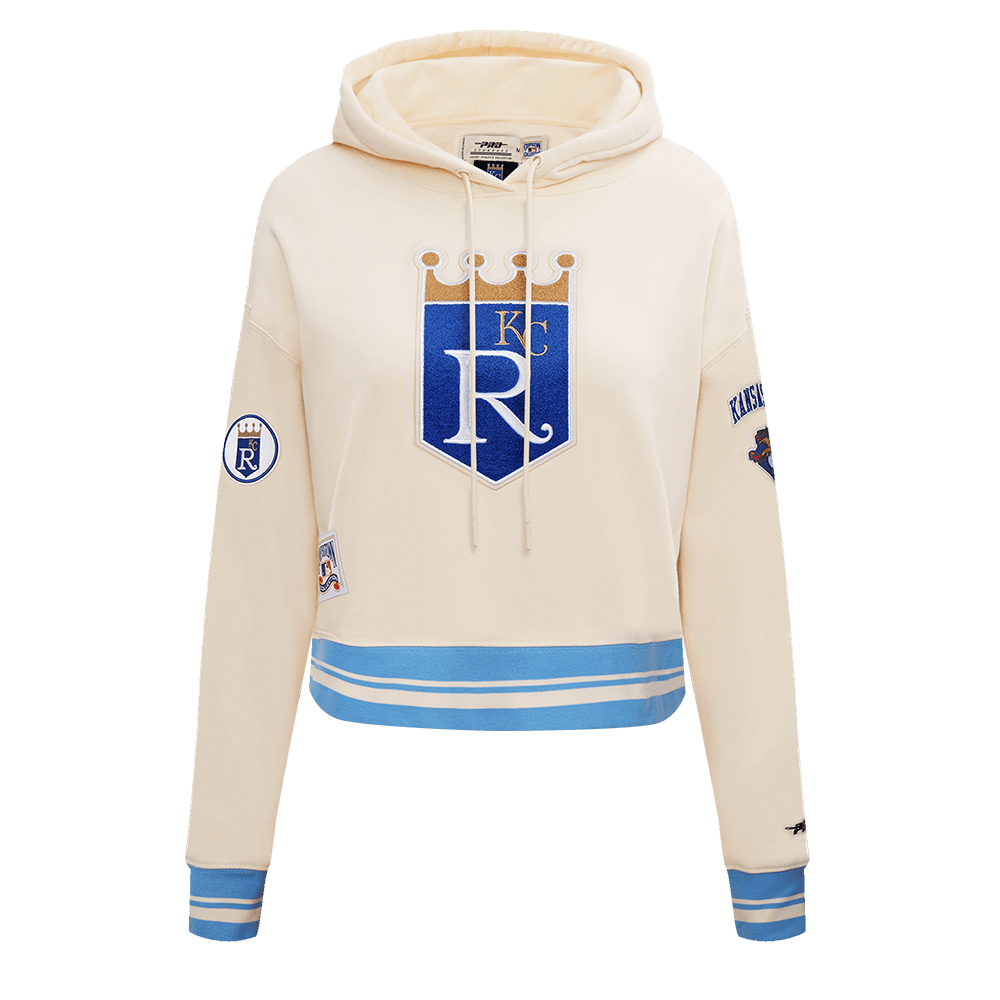 MLB KANSAS CITY ROYALS RETRO CLASSIC WOMEN'S CROPPED PULLOVER HOODIE (EGGSHELL/ UNIVERSITY BLUE)