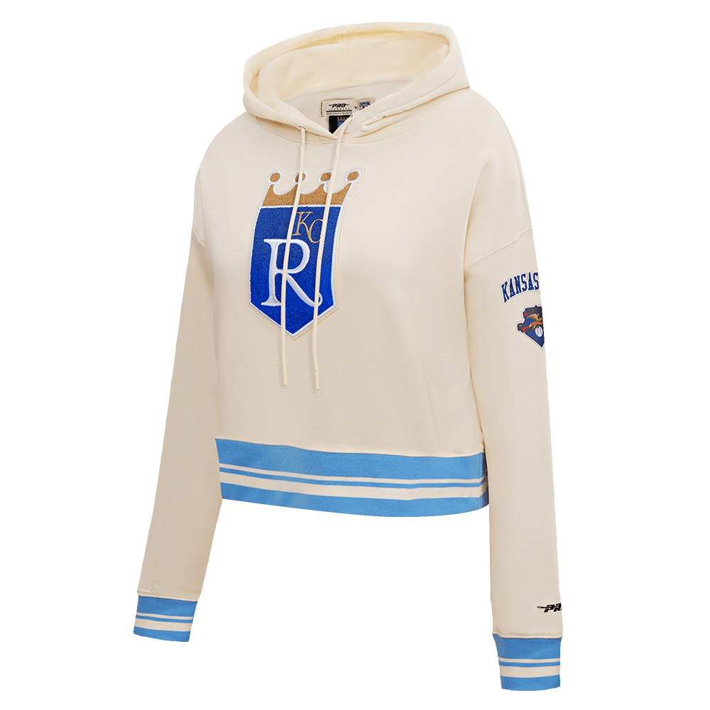MLB KANSAS CITY ROYALS RETRO CLASSIC WOMEN'S CROPPED PULLOVER HOODIE (EGGSHELL/ UNIVERSITY BLUE)