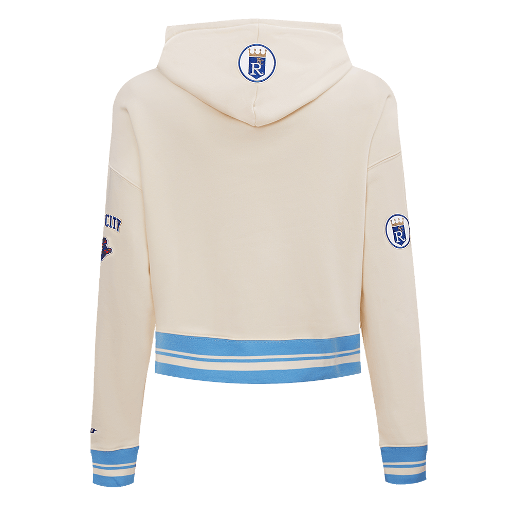 MLB KANSAS CITY ROYALS RETRO CLASSIC WOMEN'S CROPPED PULLOVER HOODIE (EGGSHELL/ UNIVERSITY BLUE)