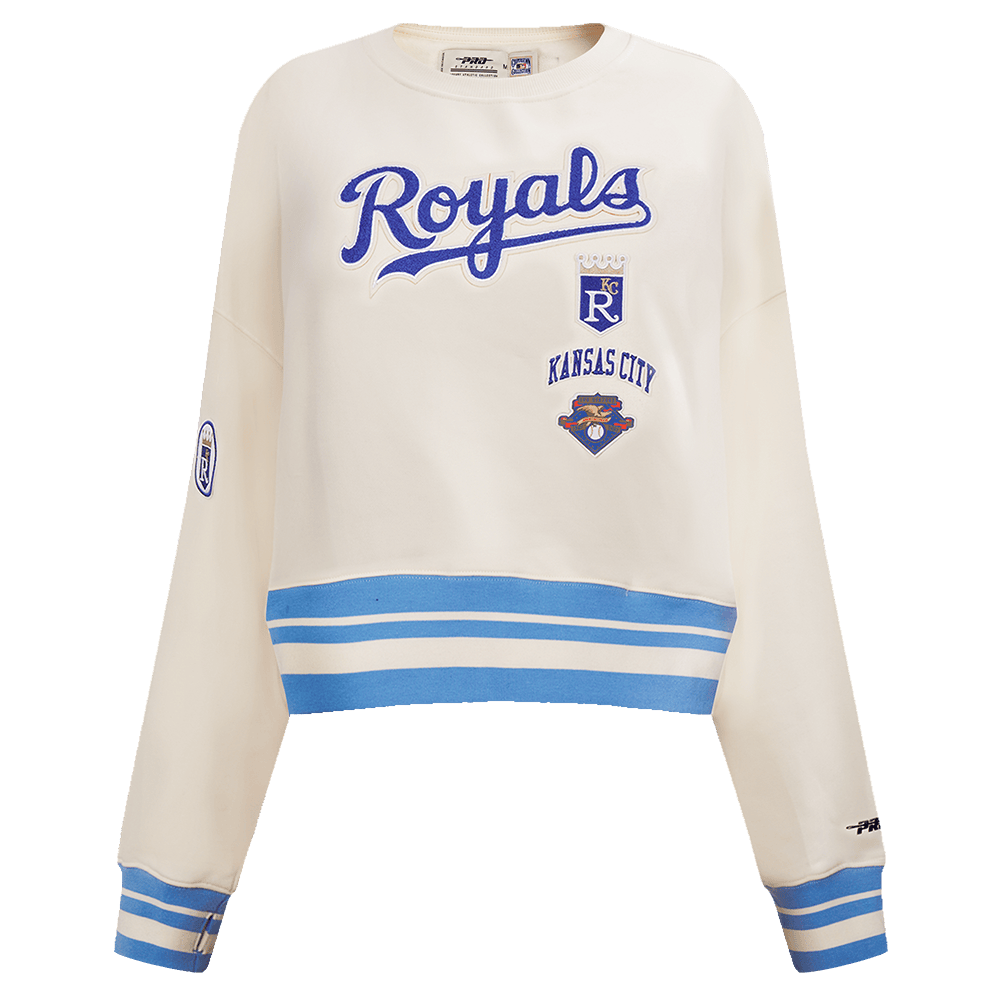 SUÉTER DE CUELLO REDONDO RETRO CLÁSICO PARA MUJER MLB KANSAS CITY ROYALS (BLANCO HUESO/ AZUL UNIVERSITARIO)