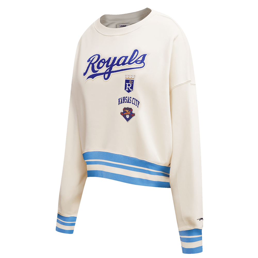 SUÉTER DE CUELLO REDONDO RETRO CLÁSICO PARA MUJER MLB KANSAS CITY ROYALS (BLANCO HUESO/ AZUL UNIVERSITARIO)