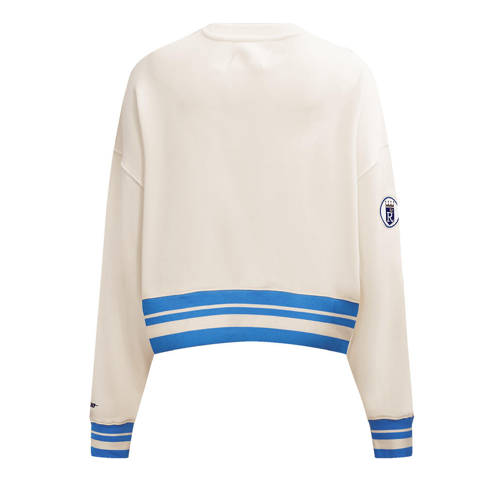 SUÉTER DE CUELLO REDONDO RETRO CLÁSICO PARA MUJER MLB KANSAS CITY ROYALS (BLANCO HUESO/ AZUL UNIVERSITARIO)