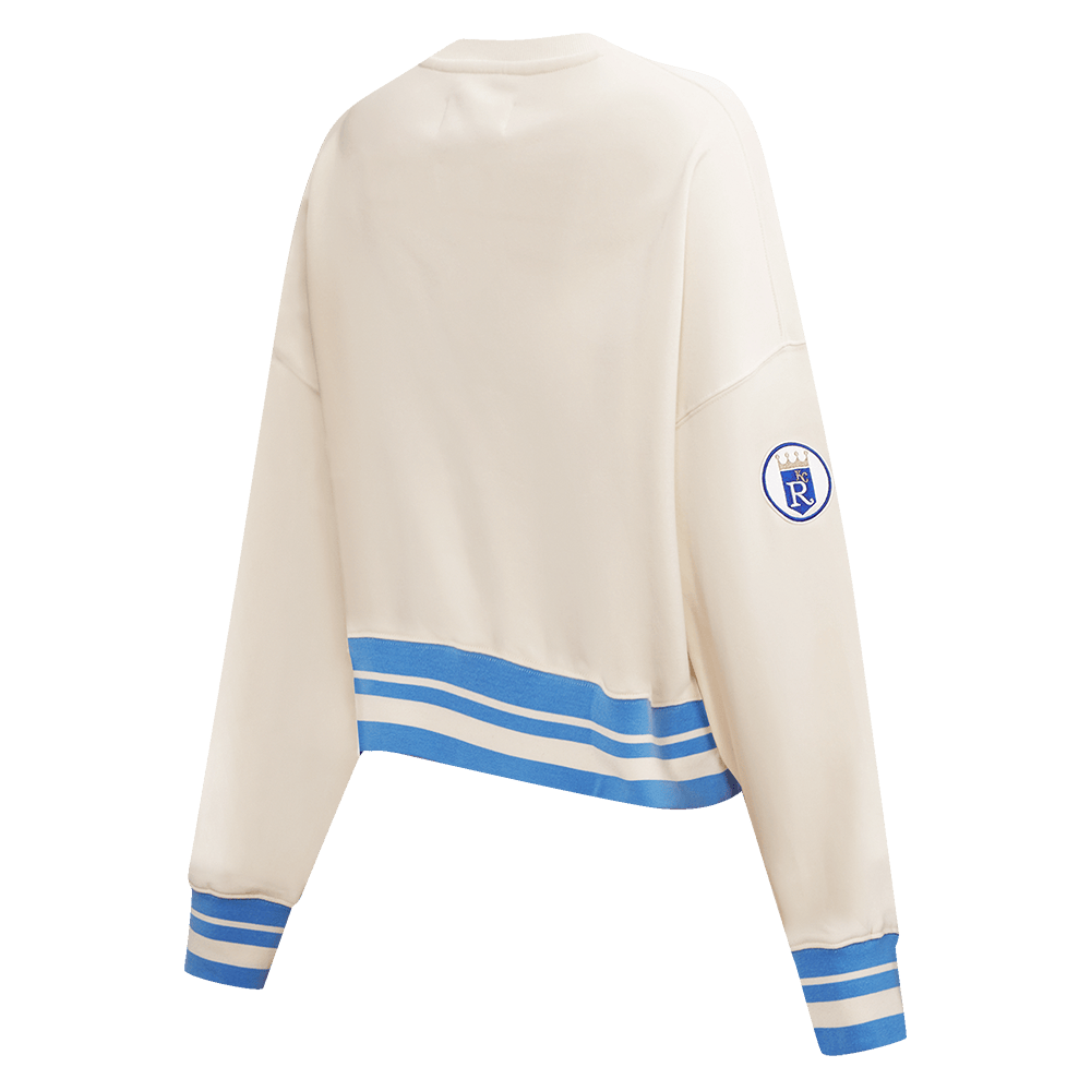 SUÉTER DE CUELLO REDONDO RETRO CLÁSICO PARA MUJER MLB KANSAS CITY ROYALS (BLANCO HUESO/ AZUL UNIVERSITARIO)