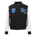 CHAQUETA UNIVERSITARIA CLÁSICA DE LANA PARA MUJER MLB KANSAS CITY ROYALS (NEGRA/BLANCA)