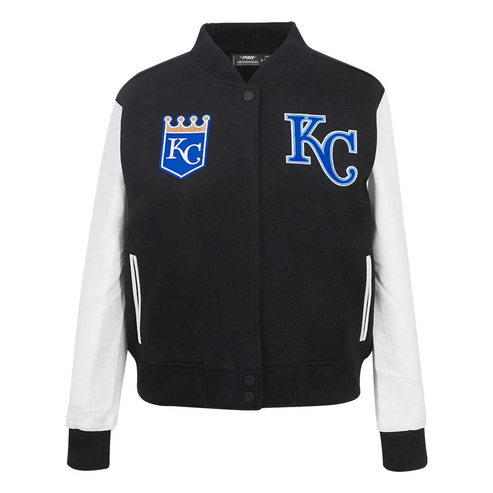 CHAQUETA UNIVERSITARIA CLÁSICA DE LANA PARA MUJER MLB KANSAS CITY ROYALS (NEGRA/BLANCA)