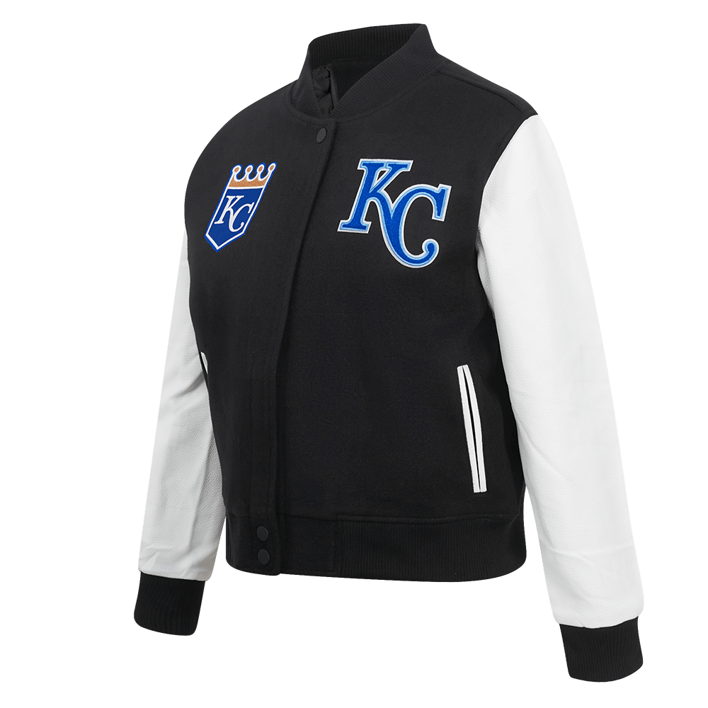 CHAQUETA UNIVERSITARIA CLÁSICA DE LANA PARA MUJER MLB KANSAS CITY ROYALS (NEGRA/BLANCA)