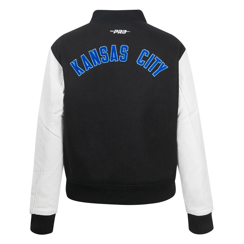 CHAQUETA UNIVERSITARIA CLÁSICA DE LANA PARA MUJER MLB KANSAS CITY ROYALS (NEGRA/BLANCA)