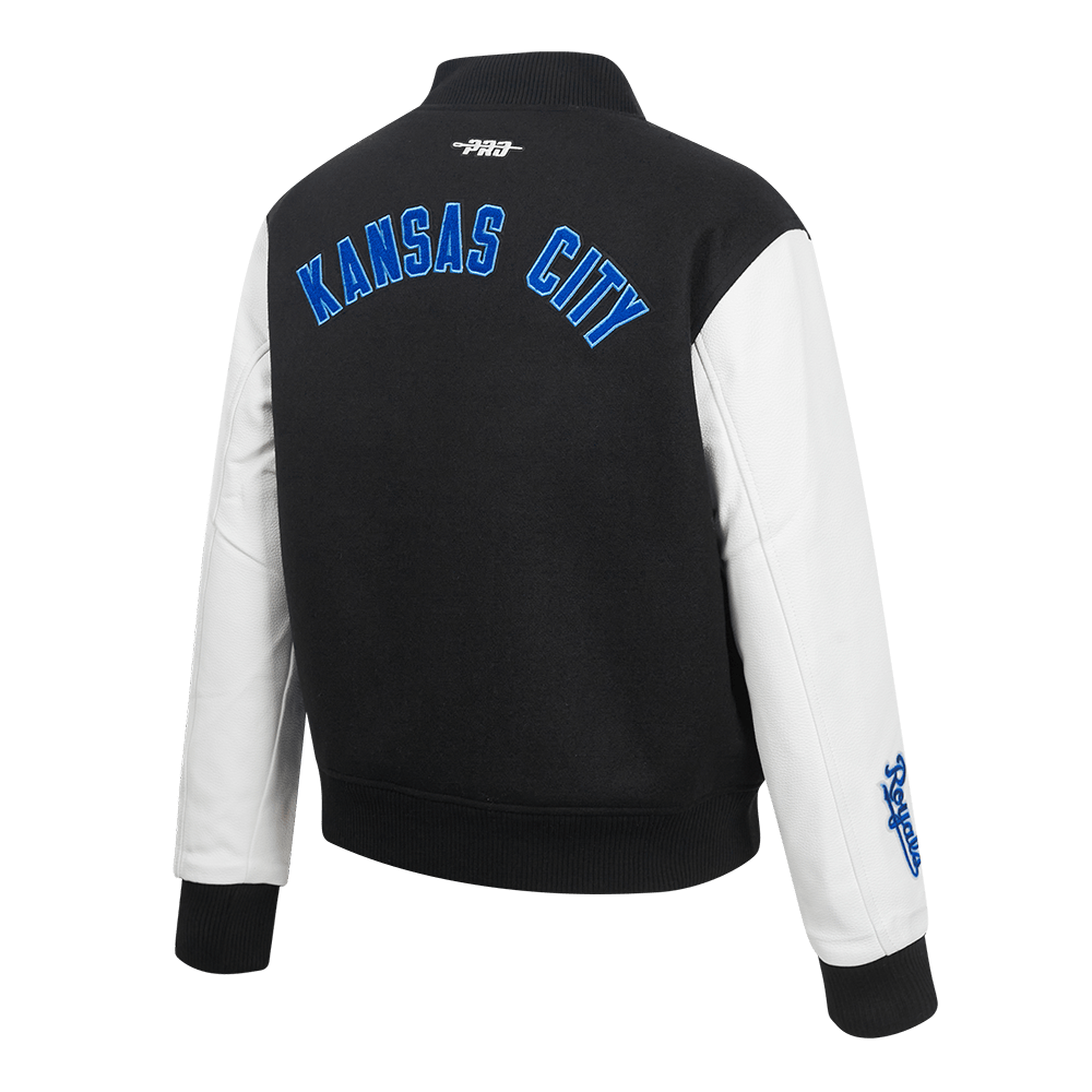 CHAQUETA UNIVERSITARIA CLÁSICA DE LANA PARA MUJER MLB KANSAS CITY ROYALS (NEGRA/BLANCA)