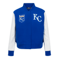 CHAQUETA UNIVERSITARIA CLÁSICA DE LANA PARA MUJER MLB KANSAS CITY ROYALS (AZUL REAL/BLANCO)