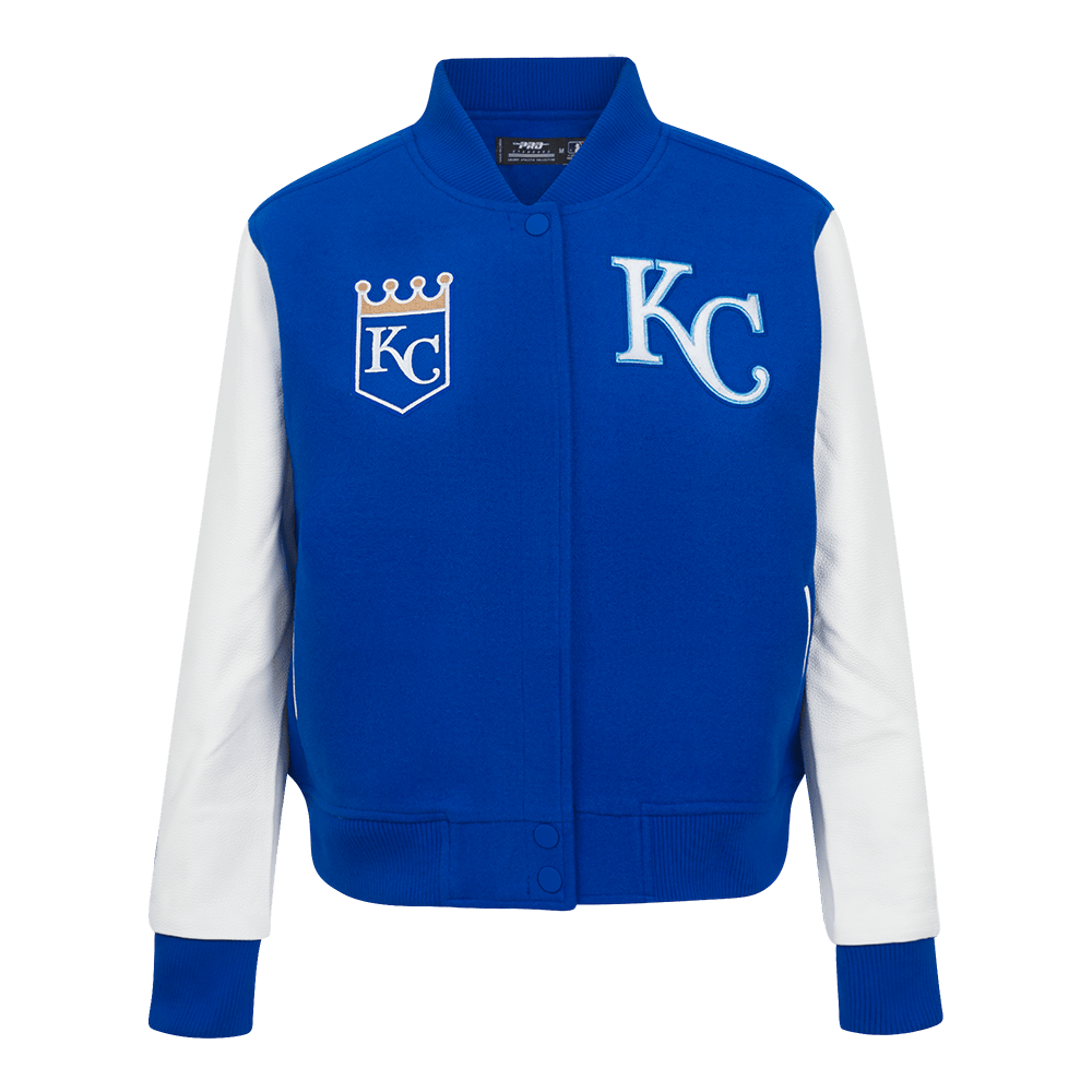 CHAQUETA UNIVERSITARIA CLÁSICA DE LANA PARA MUJER MLB KANSAS CITY ROYALS (AZUL REAL/BLANCO)