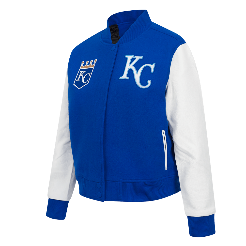CHAQUETA UNIVERSITARIA CLÁSICA DE LANA PARA MUJER MLB KANSAS CITY ROYALS (AZUL REAL/BLANCO)