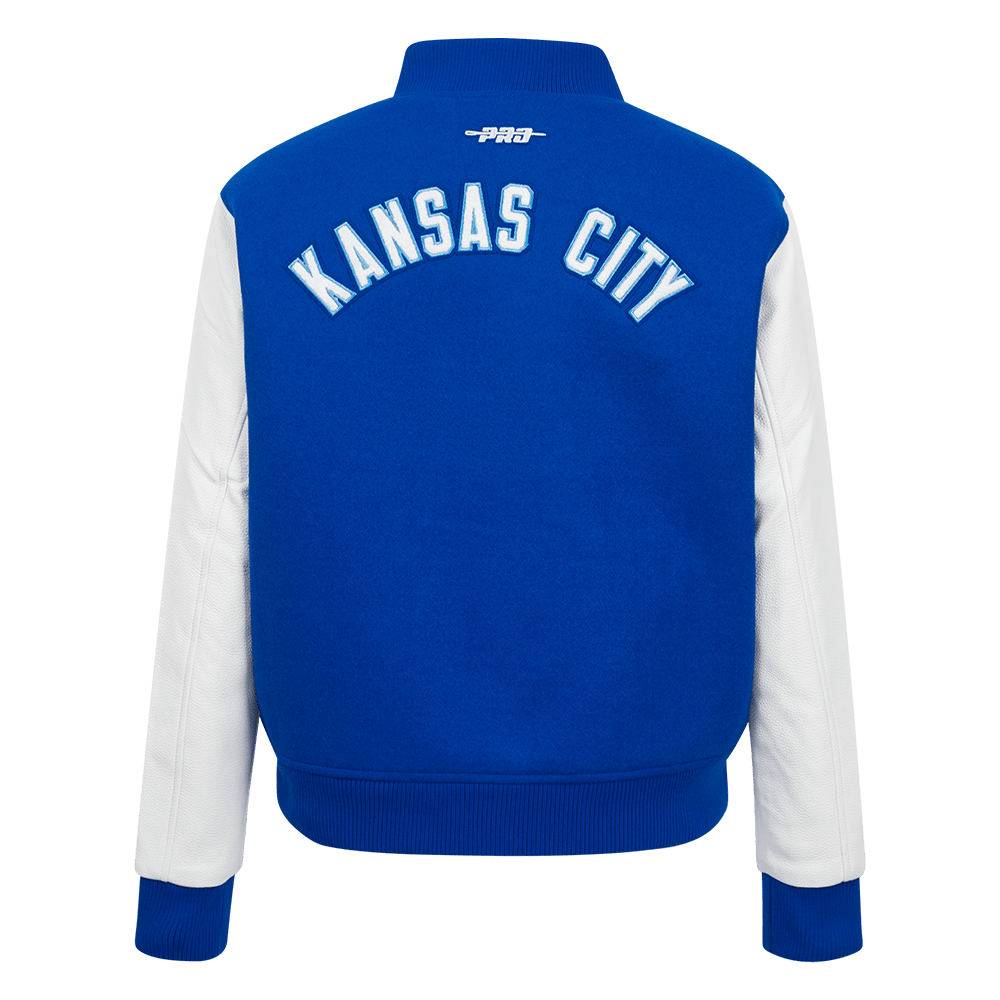 CHAQUETA UNIVERSITARIA CLÁSICA DE LANA PARA MUJER MLB KANSAS CITY ROYALS (AZUL REAL/BLANCO)