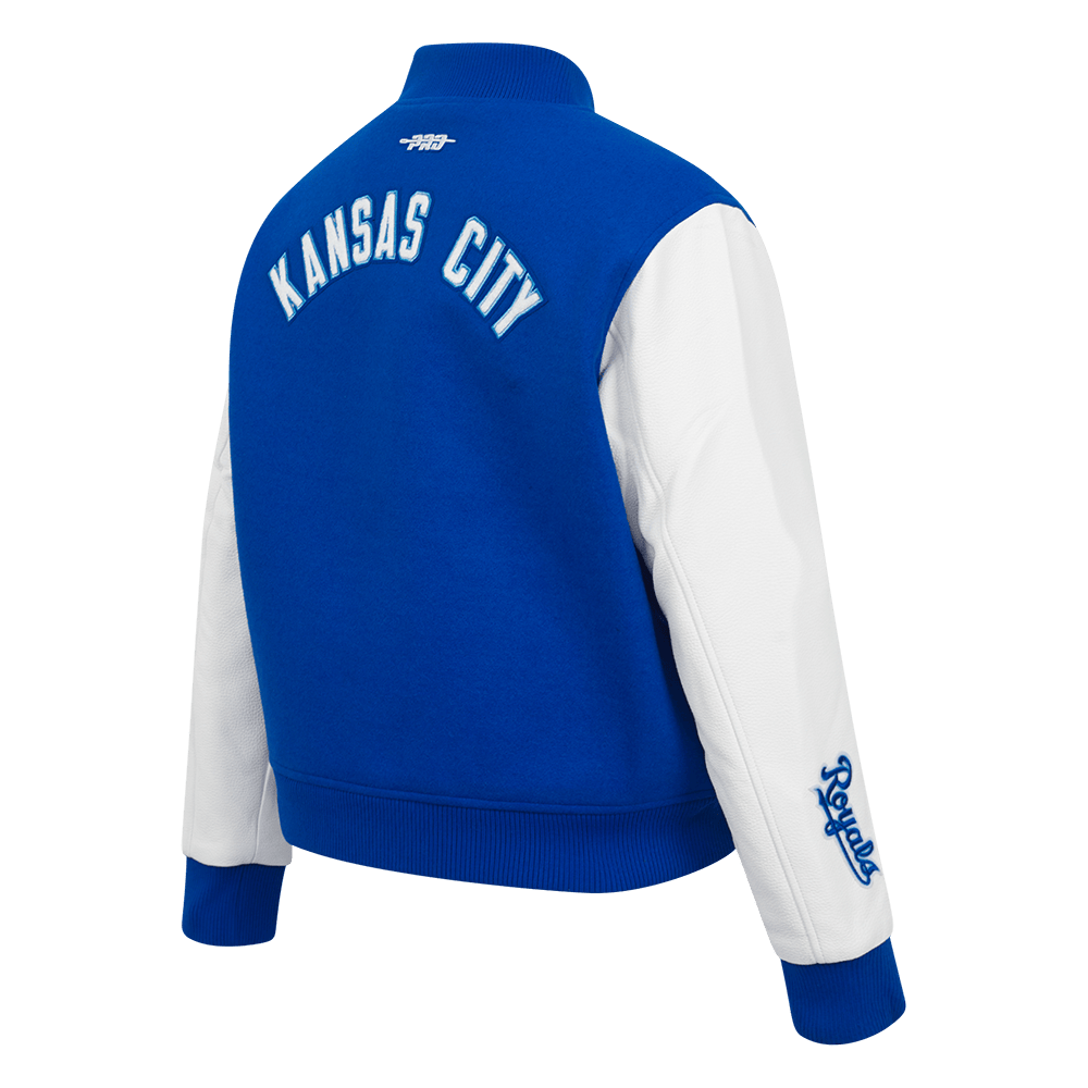 CHAQUETA UNIVERSITARIA CLÁSICA DE LANA PARA MUJER MLB KANSAS CITY ROYALS (AZUL REAL/BLANCO)