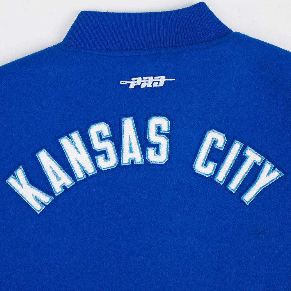 CHAQUETA UNIVERSITARIA CLÁSICA DE LANA PARA MUJER MLB KANSAS CITY ROYALS (AZUL REAL/BLANCO)
