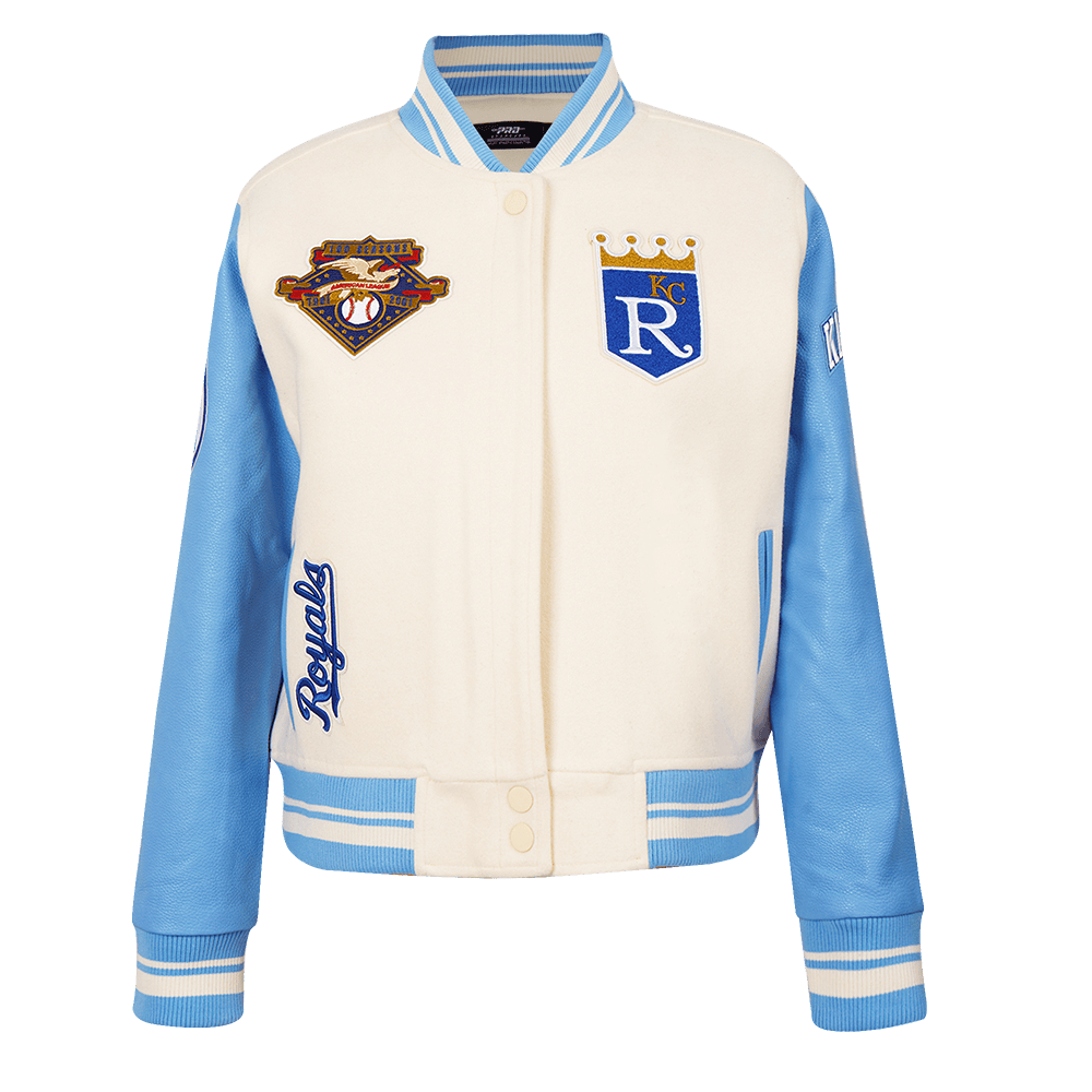 CHAQUETA UNIVERSITARIA RETRO CLÁSICA DE LANA ACANALADA PARA MUJER MLB KANSAS CITY ROYALS (BLANCO HUESO/ AZUL UNIVERSITARIO)