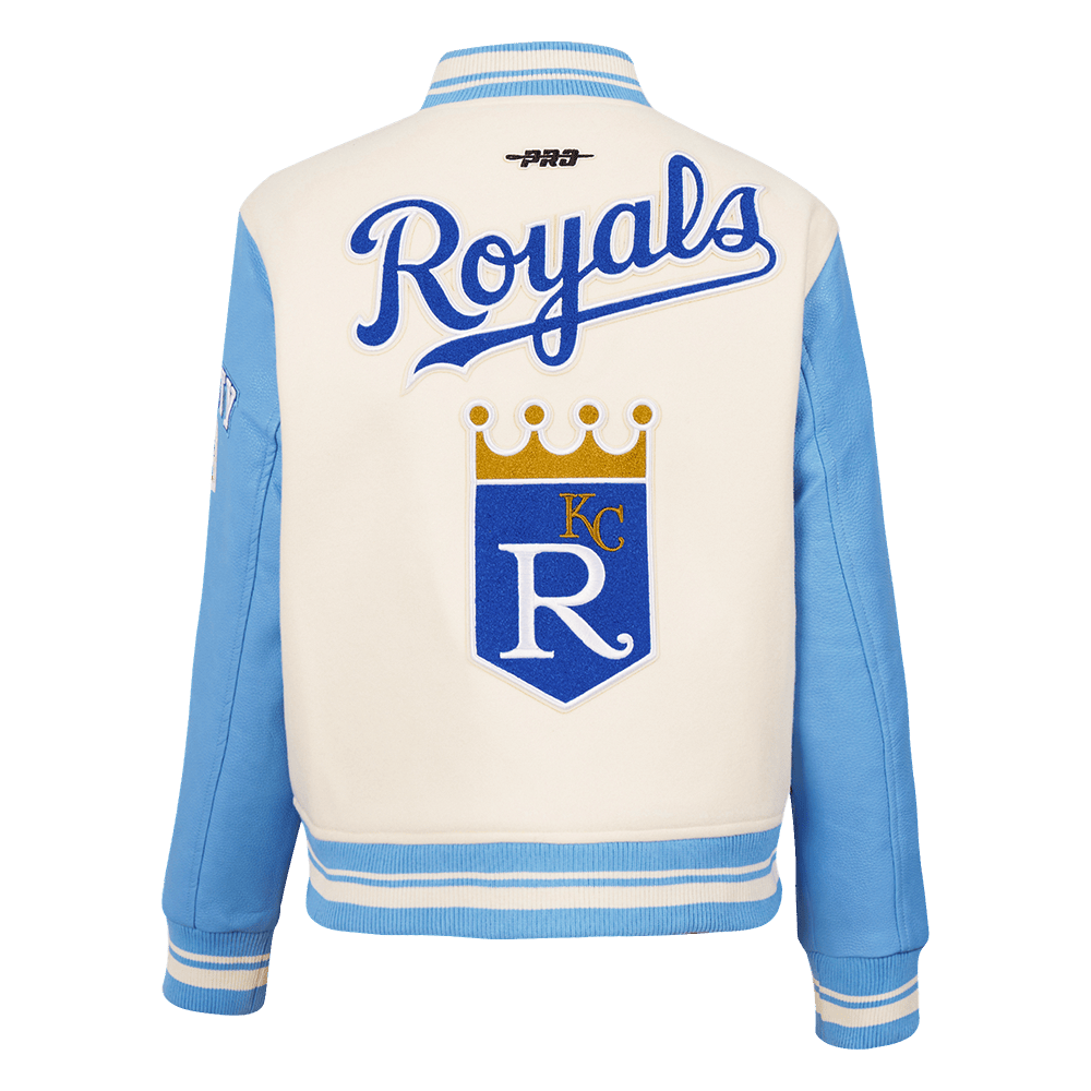 CHAQUETA UNIVERSITARIA RETRO CLÁSICA DE LANA ACANALADA PARA MUJER MLB KANSAS CITY ROYALS (BLANCO HUESO/ AZUL UNIVERSITARIO)