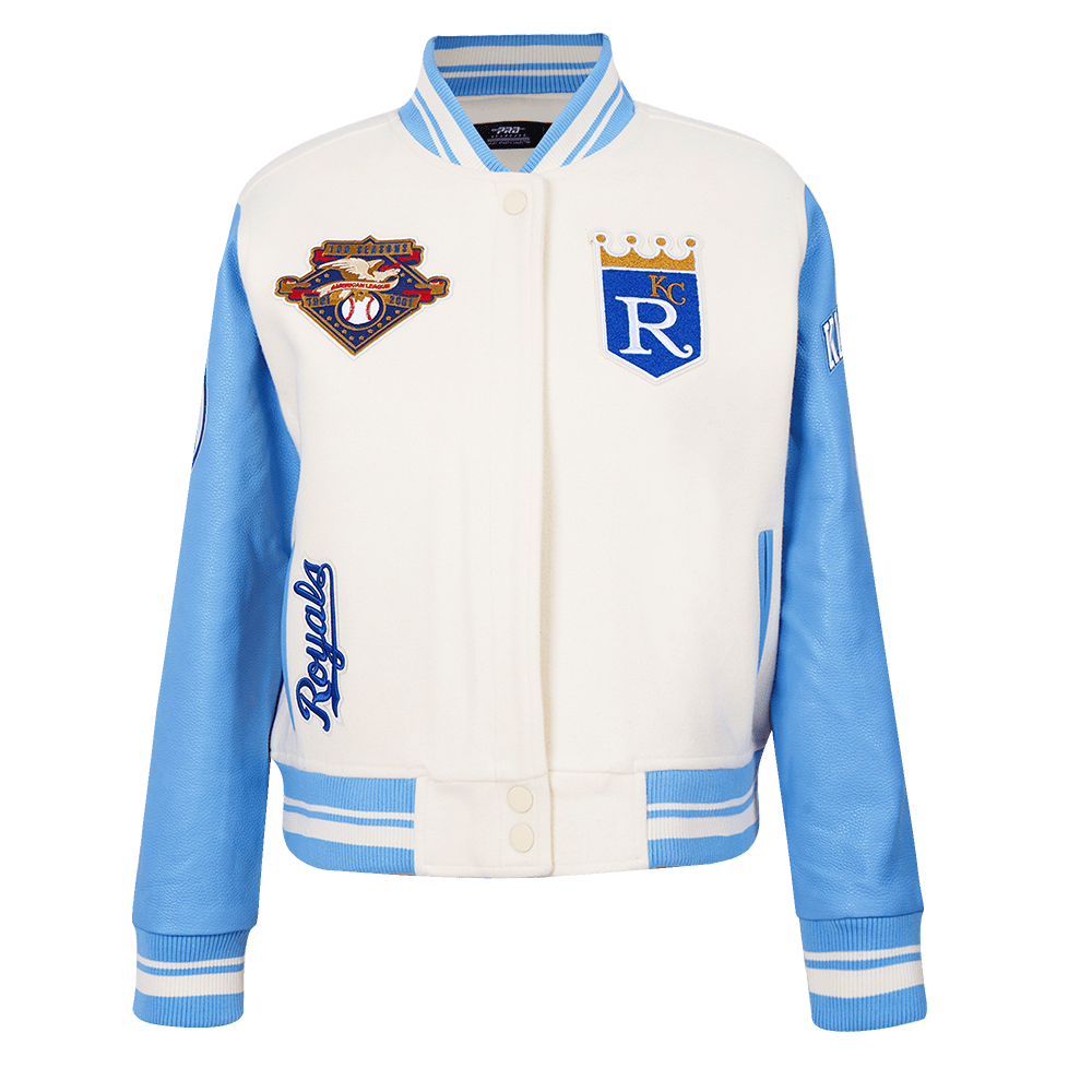 CHAQUETA UNIVERSITARIA RETRO CLÁSICA DE LANA ACANALADA PARA MUJER MLB KANSAS CITY ROYALS (BLANCO HUESO/ AZUL UNIVERSITARIO)