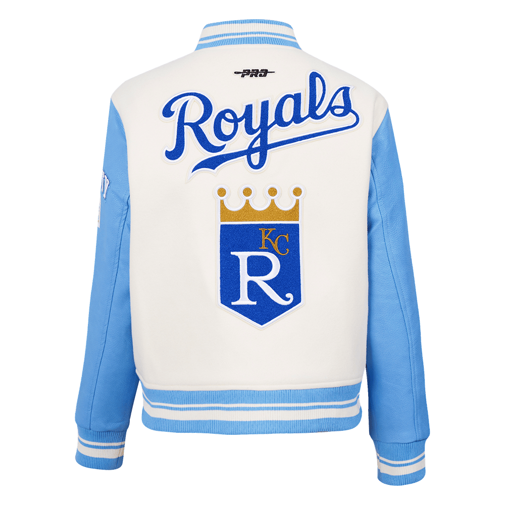 CHAQUETA UNIVERSITARIA RETRO CLÁSICA DE LANA ACANALADA PARA MUJER MLB KANSAS CITY ROYALS (BLANCO HUESO/ AZUL UNIVERSITARIO)
