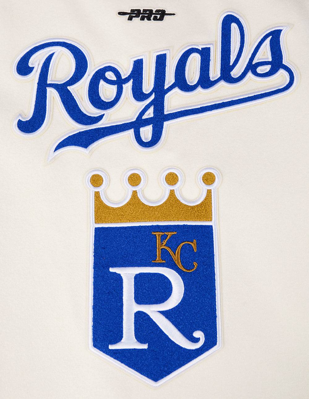 CHAQUETA UNIVERSITARIA RETRO CLÁSICA DE LANA ACANALADA PARA MUJER MLB KANSAS CITY ROYALS (BLANCO HUESO/ AZUL UNIVERSITARIO)
