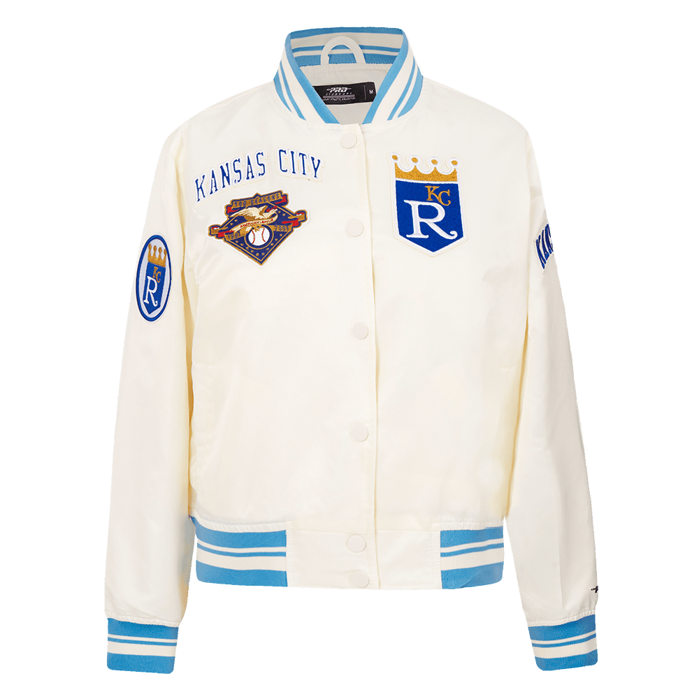 MLB KANSAS CITY ROYALS RETRO CLASSIC WOMEN'S RIB SATIN JACKET (EGGSHELL/ UNIVERSITY BLUE)