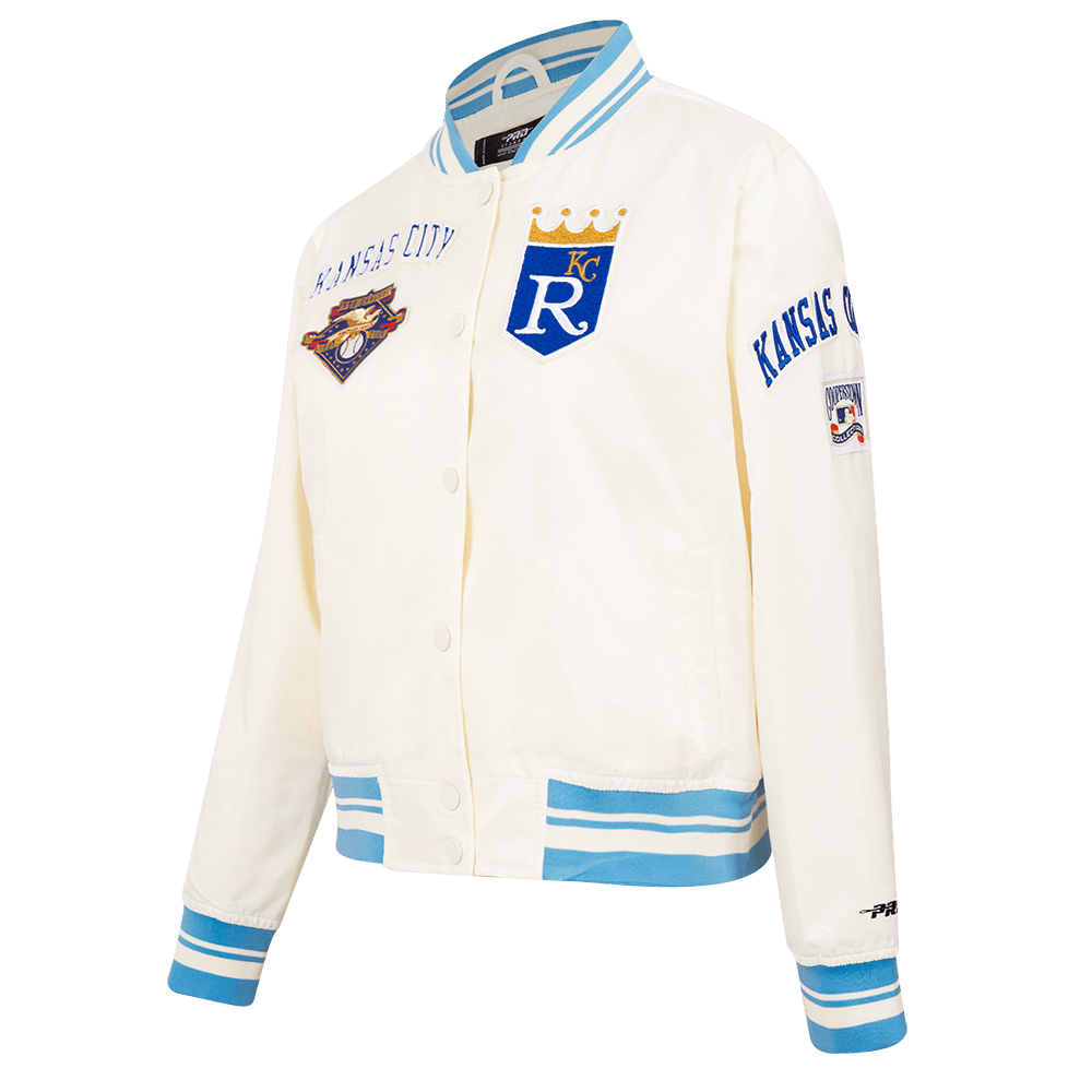 MLB KANSAS CITY ROYALS RETRO CLASSIC WOMEN'S RIB SATIN JACKET (EGGSHELL/ UNIVERSITY BLUE)