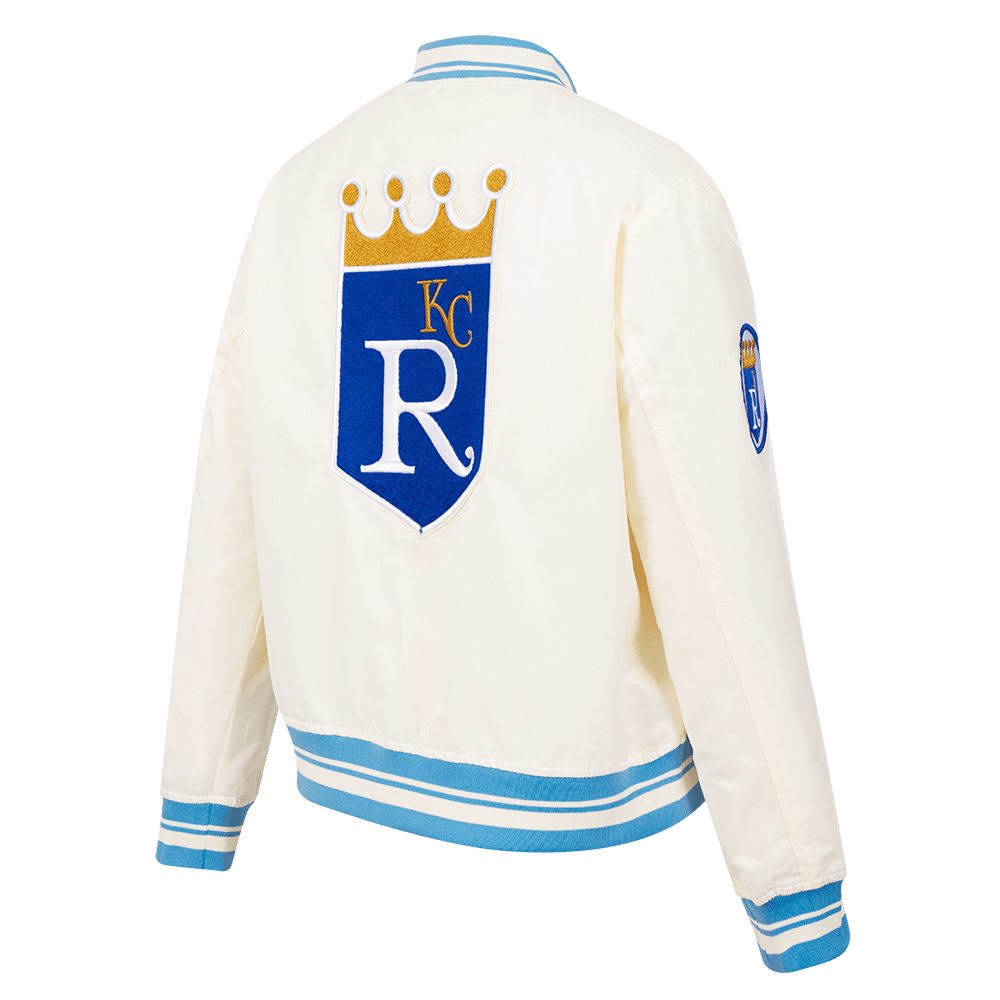 MLB KANSAS CITY ROYALS RETRO CLASSIC WOMEN'S RIB SATIN JACKET (EGGSHELL/ UNIVERSITY BLUE)